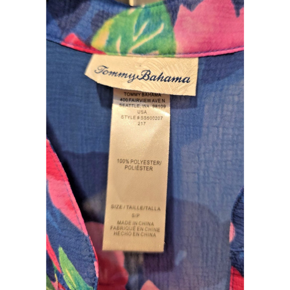 Tommy Bahama Blue Floral Sheer Swimsuit Cover-Up Button Front Roll Tab Sleeve S - Picture 8 of 9